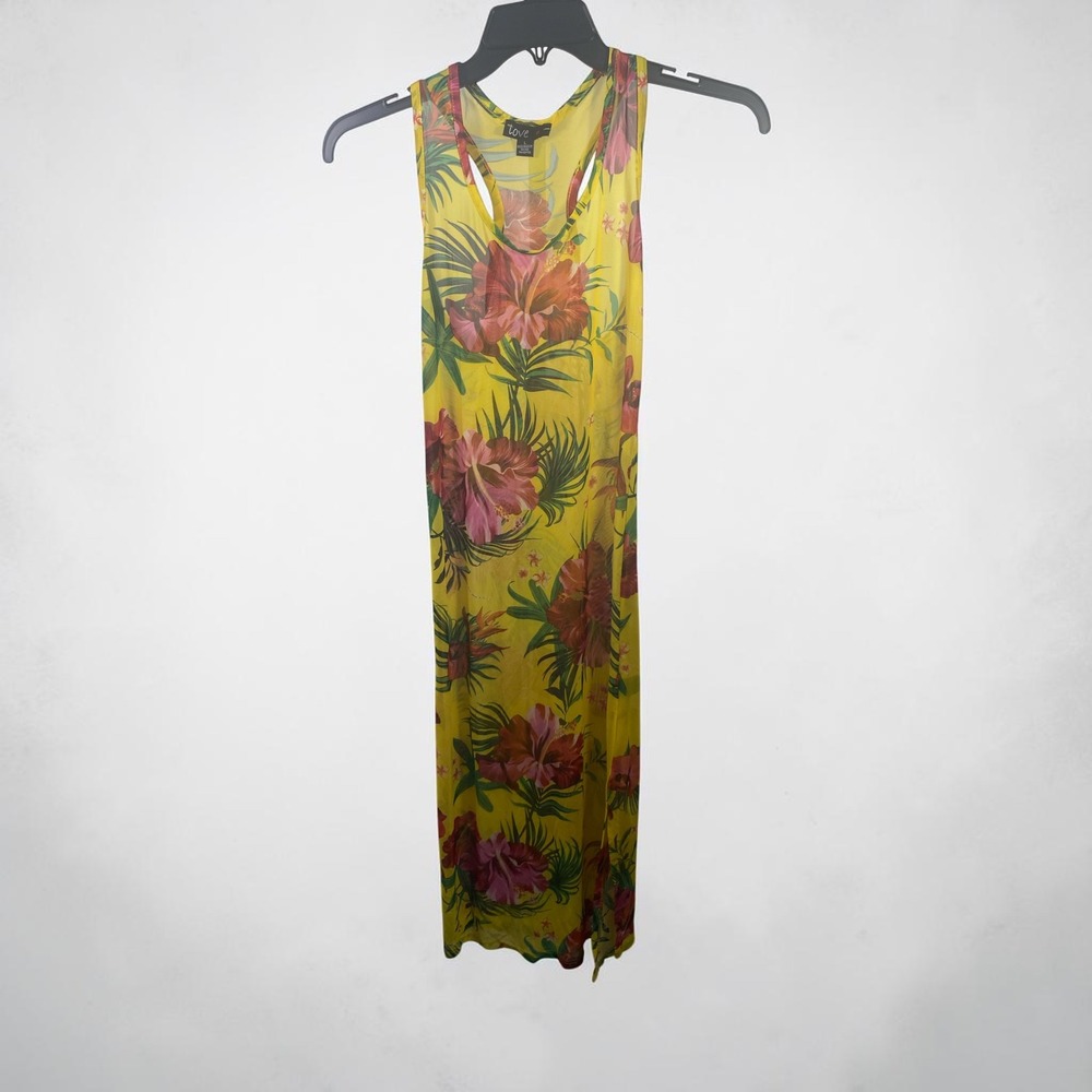 Love Yellow Tropical Hibiscus Floral Mesh Racerback Maxi Dress Large